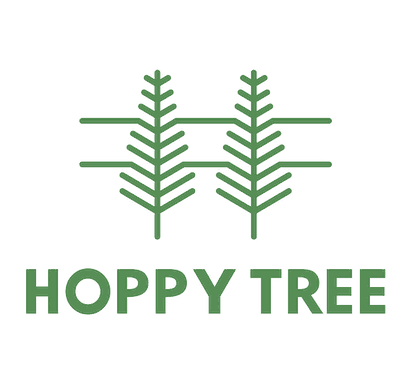Hoppy Tree logo with two stylized evergreen trees